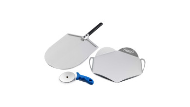 Kit pizza professionnel en inox : pelle à pizza 30 cm, plateau de service et roulette de découpe - Le kit