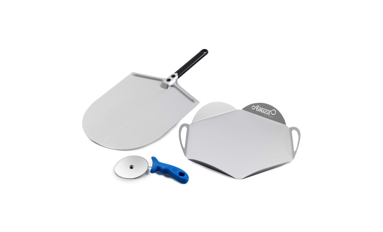 Kit pizza professionnel en inox : pelle à pizza 30 cm, plateau de service et roulette de découpe - Le kit