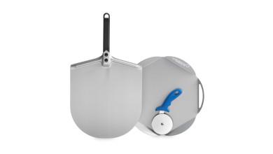 Kit pizza professionnel en inox : pelle à pizza 30 cm, plateau de service et roulette de découpe - Le kit