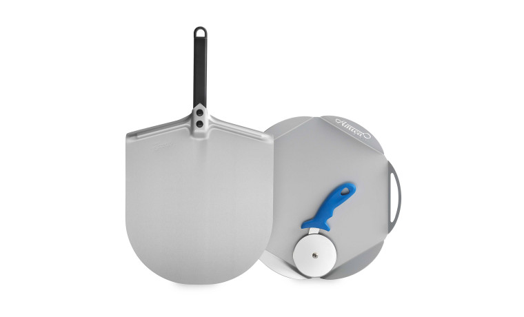 Kit pizza professionnel en inox : pelle à pizza 30 cm, plateau de service et roulette de découpe - Le kit