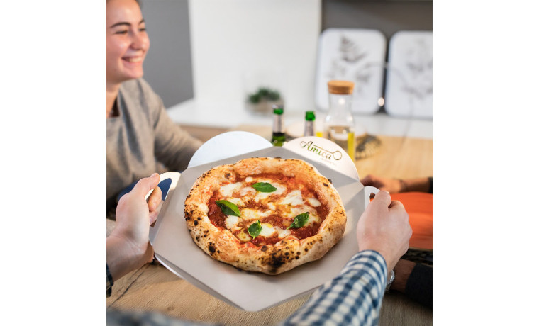 Kit pizza professionnel en inox : pelle à pizza 30 cm, plateau de service et roulette de découpe - Le kit