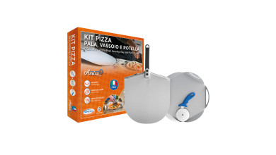 Kit pizza professionnel en inox : pelle à pizza 30 cm, plateau de service et roulette de découpe - Le kit