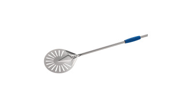 Petite pelle à pizza en inox perforée 20 cm, avec manche 75 cm – idéale pour le service en cuisine professionnelle et la manipul