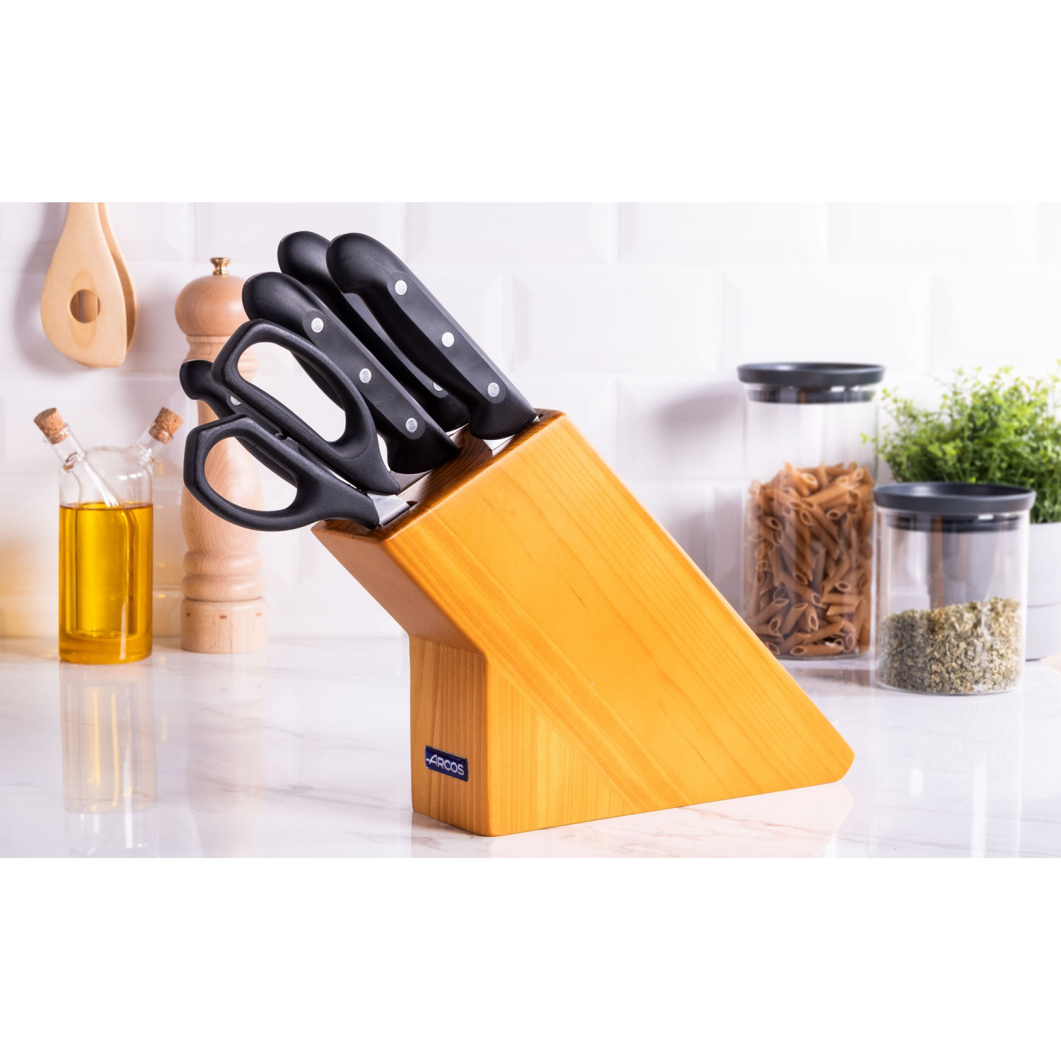 Set Couteaux Cuisine 19 Pièces Avec Bloc - 5 Couteaux Acier Inox + 11 Ustensiles Silicone + Planche